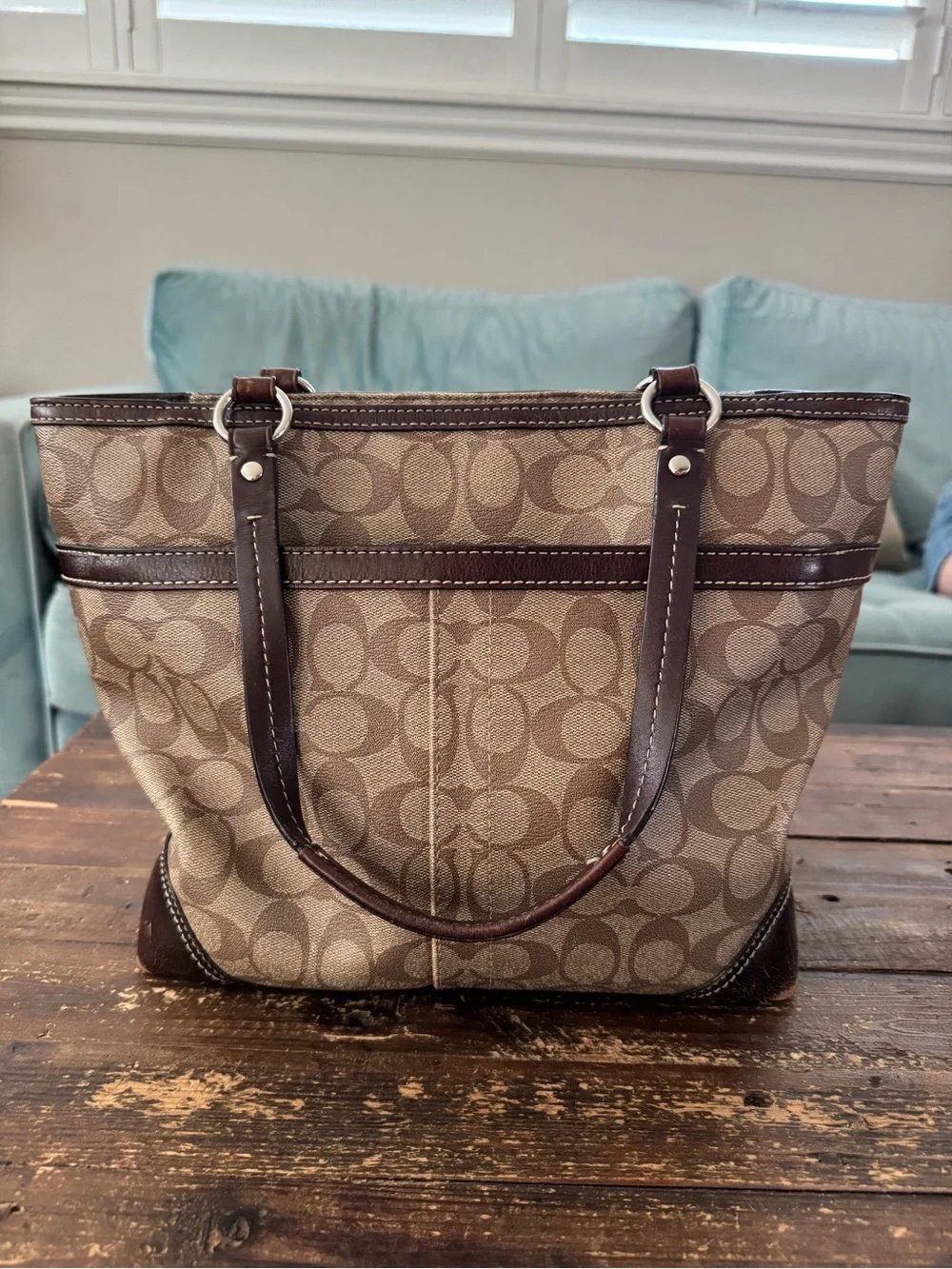 Coach Signature Heritage Stripe Brown, White, & Yellow Tote Bag